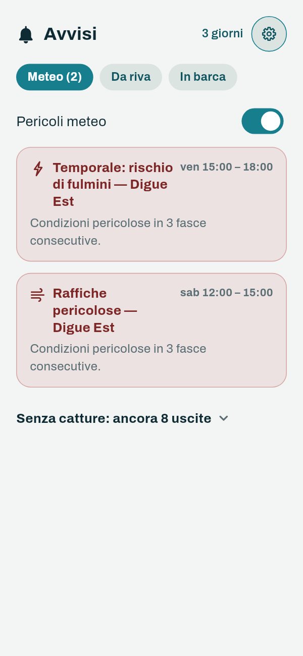 L'app Capofish: la scheda Avvisi, filtro Meteo — un rischio di fulmini e raffiche pericolose sulla Digue Est, ognuno con la sua fascia oraria.