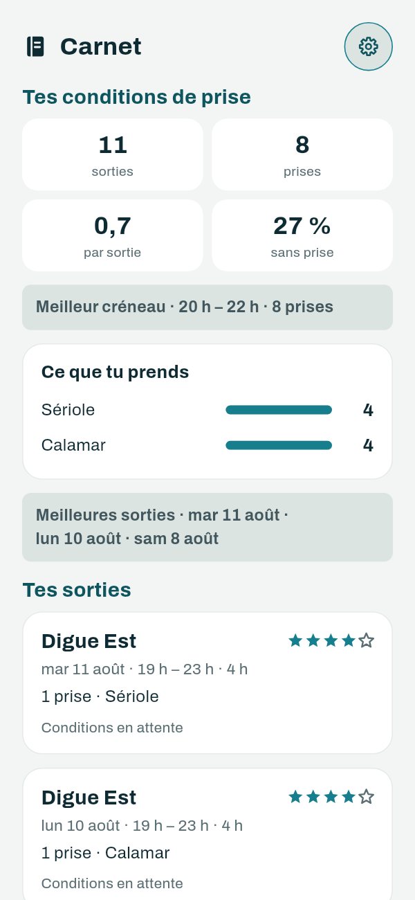 L'app Capofish : le carnet — onze sorties, huit prises, 27 % sans prise, le meilleur créneau, ce que tu prends, et la liste de tes sorties avec leur note.