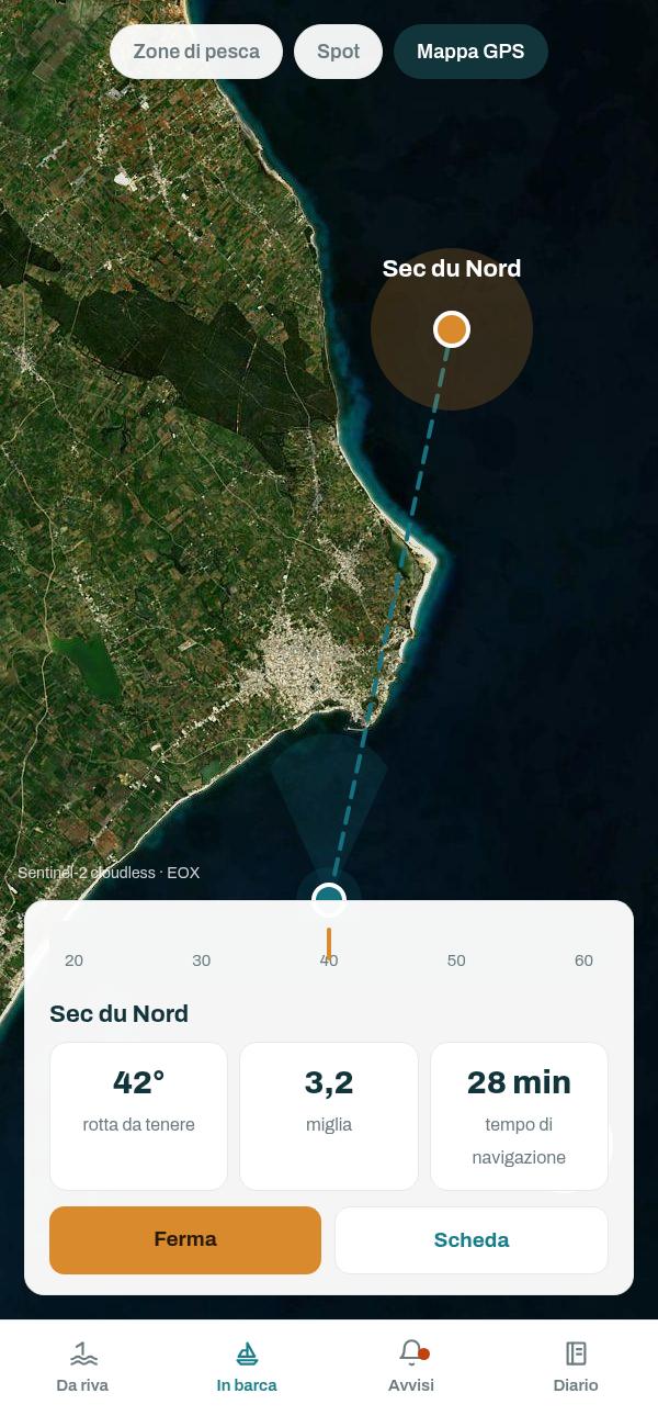 L'app Capofish: la mappa GPS su sfondo satellitare, con la rotta da tenere a 42 gradi, 3,2 miglia e 28 minuti di navigazione verso Sec du Nord.