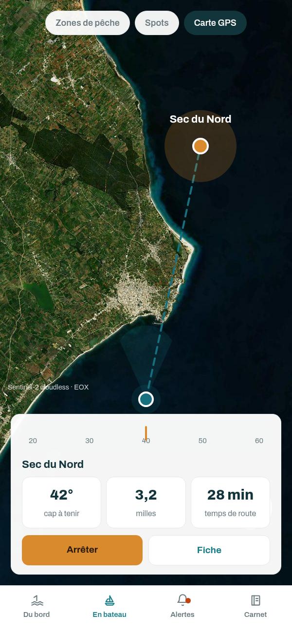 L'app Capofish : la carte GPS sur fond satellite, avec le cap à tenir à 42 degrés, 3,2 milles et 28 minutes de route vers le Sec du Nord.