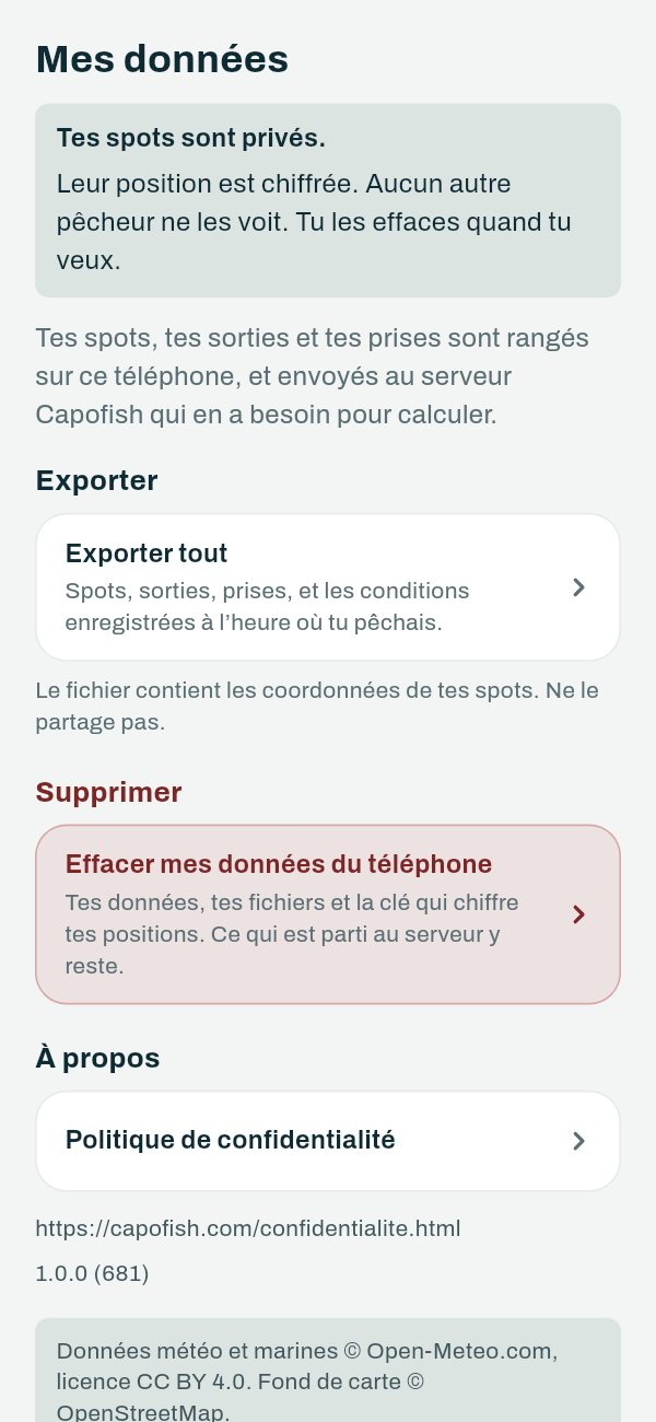 L'app Capofish : l'écran Mes données — « Tes spots sont privés », exporter tout, effacer les données du téléphone, et le lien vers la politique de confidentialité.