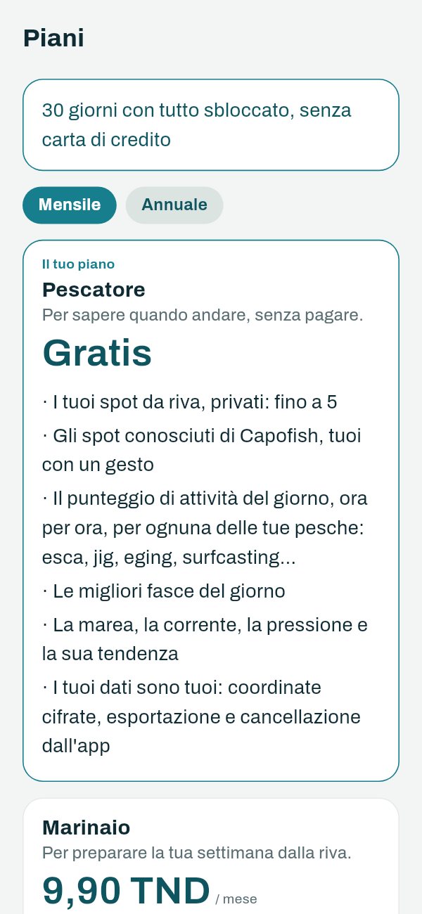 L'app Capofish: la schermata dei piani — trenta giorni con tutto sbloccato senza carta di credito, poi Pescatore gratis e Marinaio a 9,90 TND al mese.