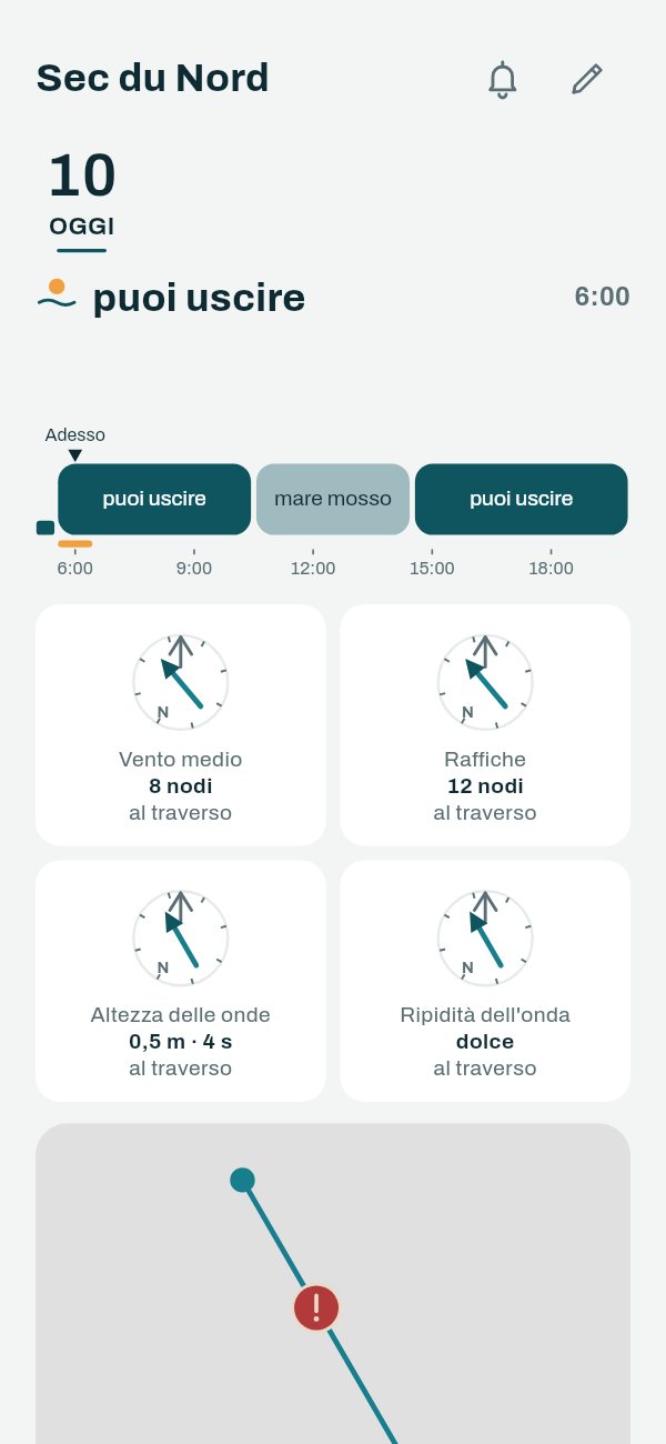 L'app Capofish: «Posso uscire?» sul tragitto verso Sec du Nord — la fascia delle ore, dove ogni blocco porta la parola delle condizioni («si può uscire», «mare formato»), poi il vento medio, le raffiche, l'altezza e la ripidità dell'onda.