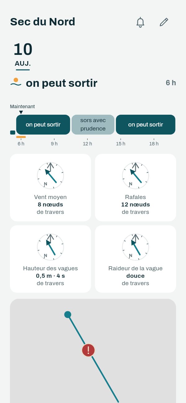 L'app Capofish : « Puis-je sortir ? » sur le trajet vers le Sec du Nord — la frise des heures, où chaque bloc porte le mot des conditions (« on peut sortir », « mer formée »), puis le vent moyen, les rafales, la hauteur et la raideur de la vague.