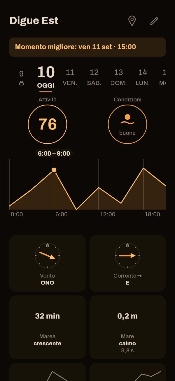 L'app Capofish in tema notturno: la stessa scheda di spot, su sfondo scuro, con le stesse misure.