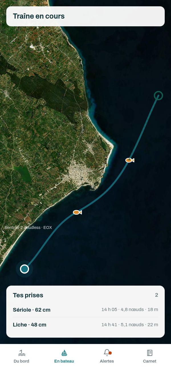 L'app Capofish : une traîne en cours, avec le parcours, deux prises marquées sur la carte et le point d'approche.