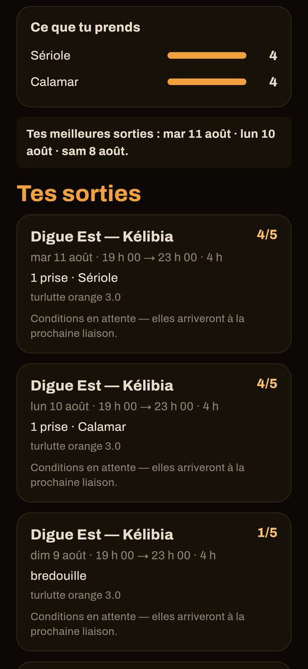Capture de l'app Capofish : le carnet, avec ce que tu prends, tes meilleures sorties et la liste de tes sorties à la Digue Est de Kélibia, dont une bredouille.
