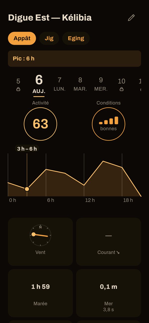 Capture de l'app Capofish : le spot Digue Est à Kélibia, avec l'activité à 63 sur 100, de bonnes conditions et la courbe d'activité de la journée.