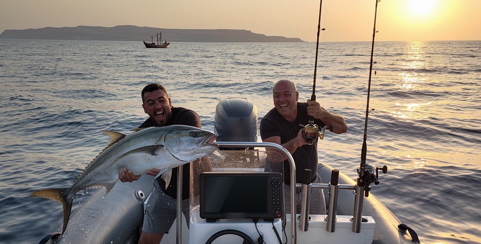 Due pescatori a bordo di un gommone al tramonto, mentre recuperano una ricciola, con il cartografico e le canne a portata di mano.