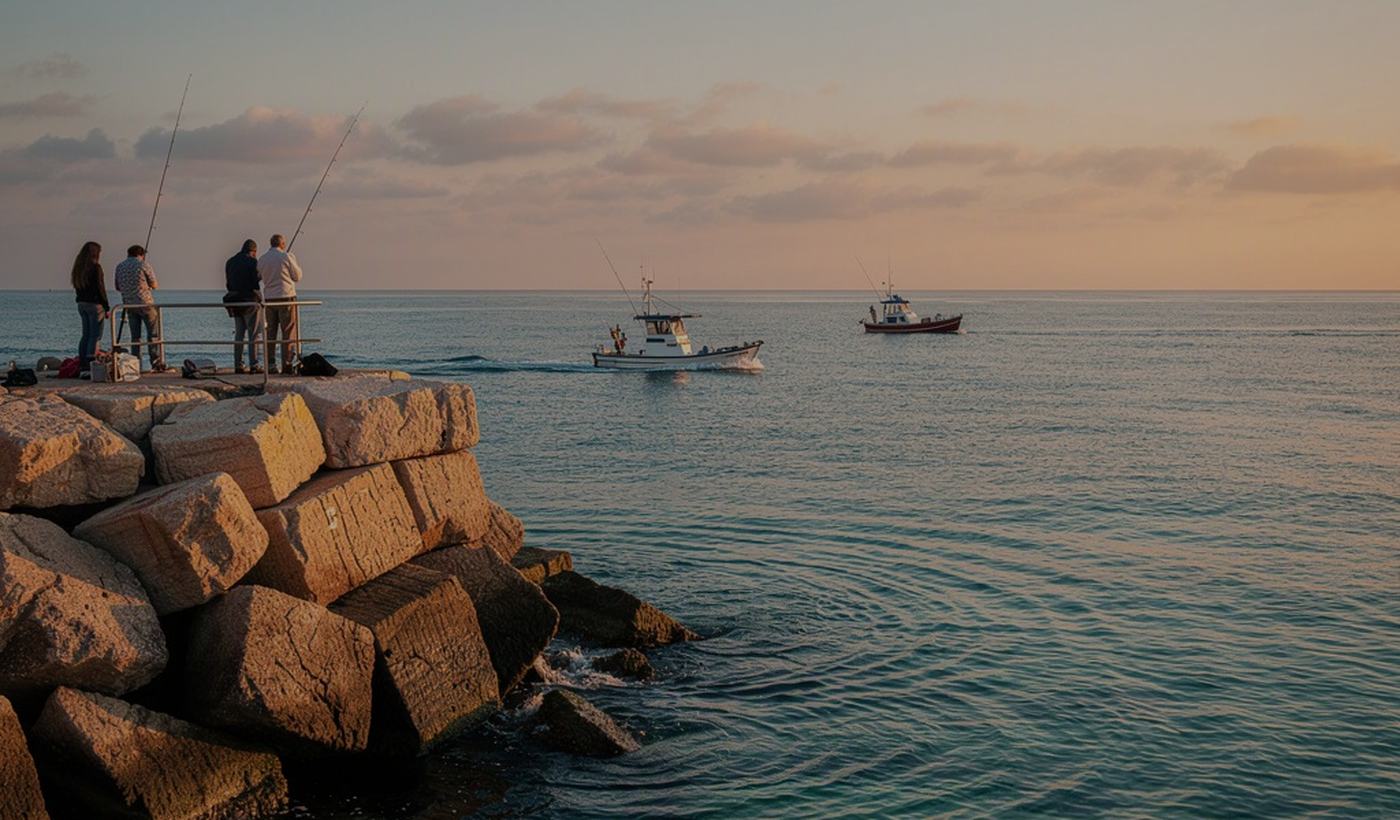 Una diga foranea di blocchi all'ora dorata, pescatori con le canne fuori e due barche che escono al largo su un mare bello.